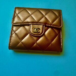 Chanel Leather Logo Wallet metallic rose gold  LIKE NEW square, rare